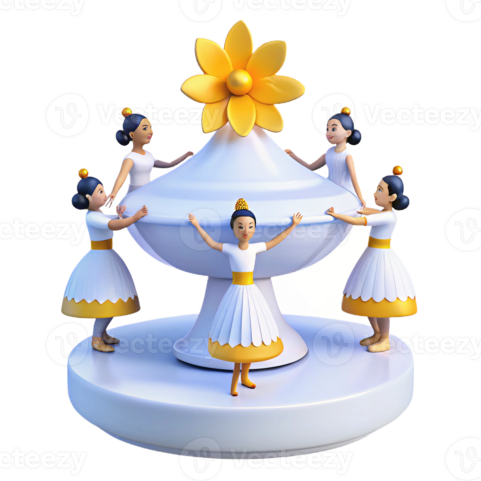 Four Figurines Holding a White Bowl with a Yellow Flower on Top png