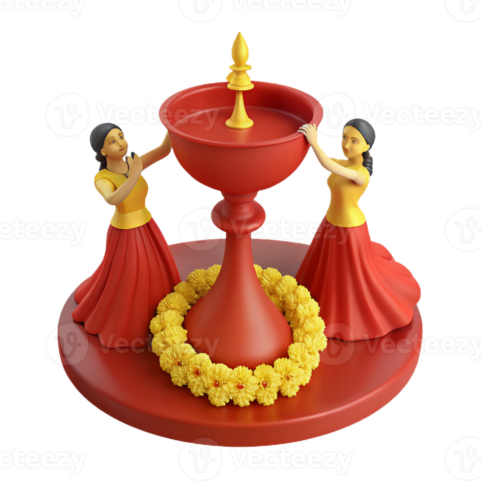 Two Figures Holding a Ceremonial Lamp with Floral Garland png