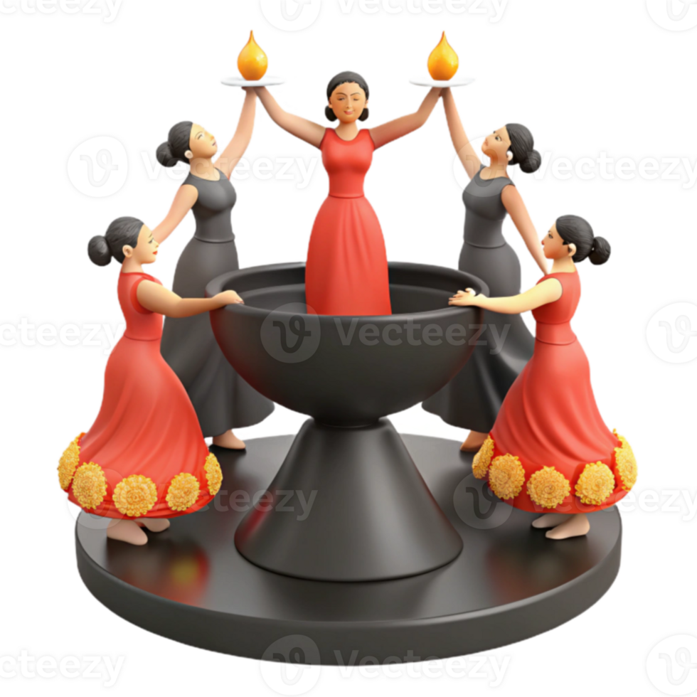 Four Women Dancing Around a Ritual Bowl with Flames png