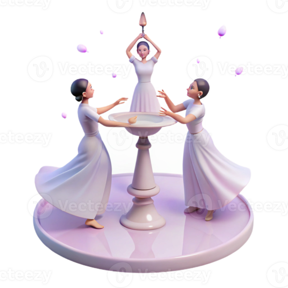 Three Women in White Dresses Performing a Ritual Around a Fountain png