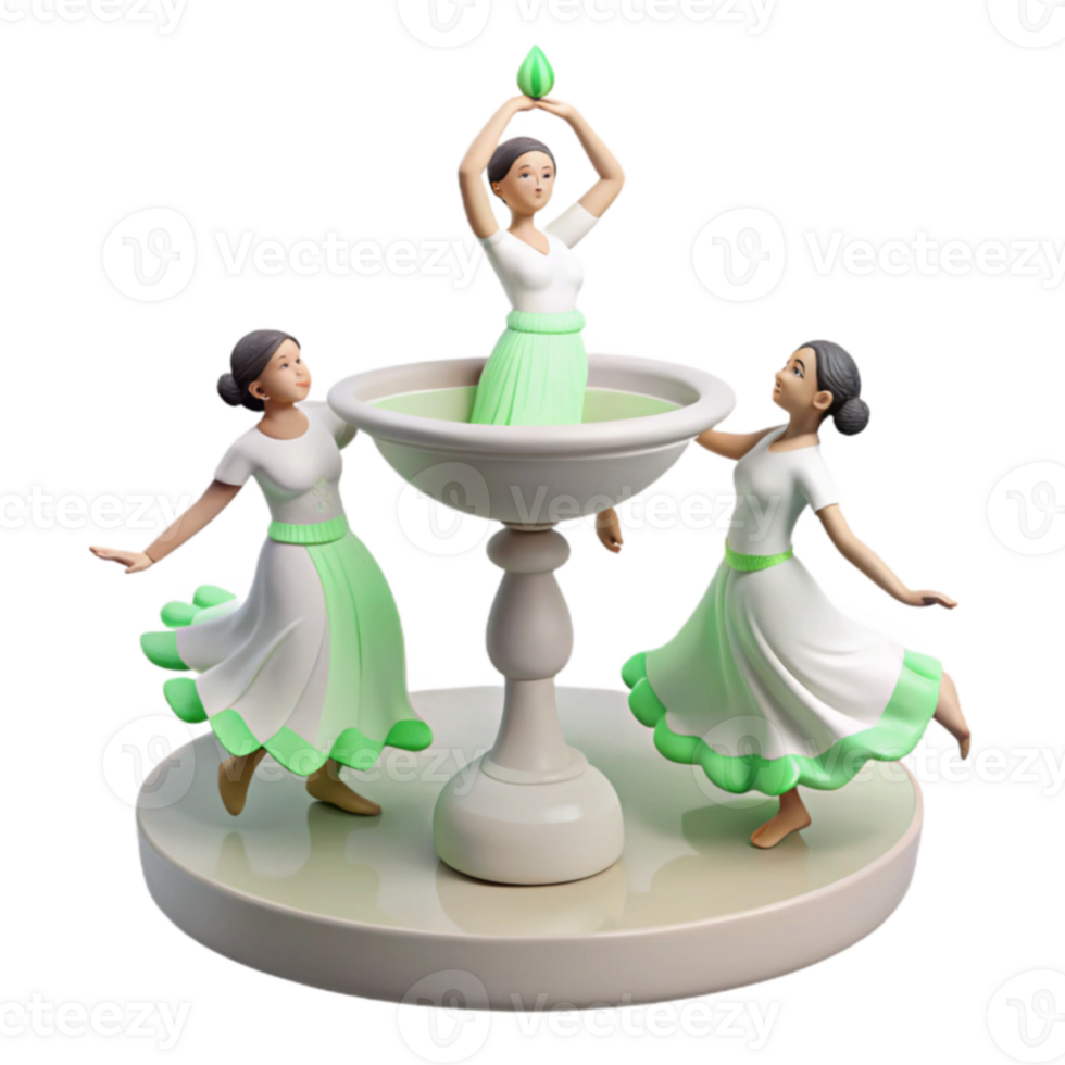 Three Figurines Dancing Around a Fountain png
