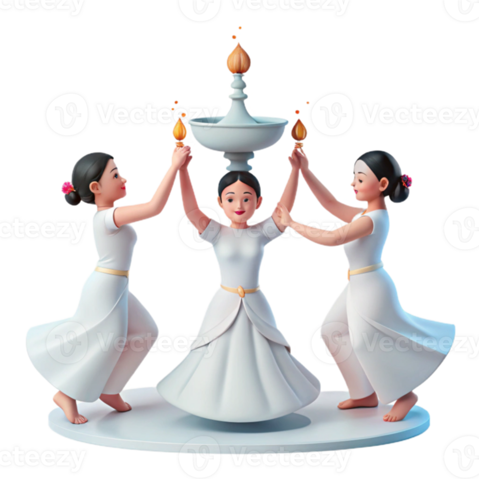Three Women in White Dresses Holding a Ceremonial Lamp png