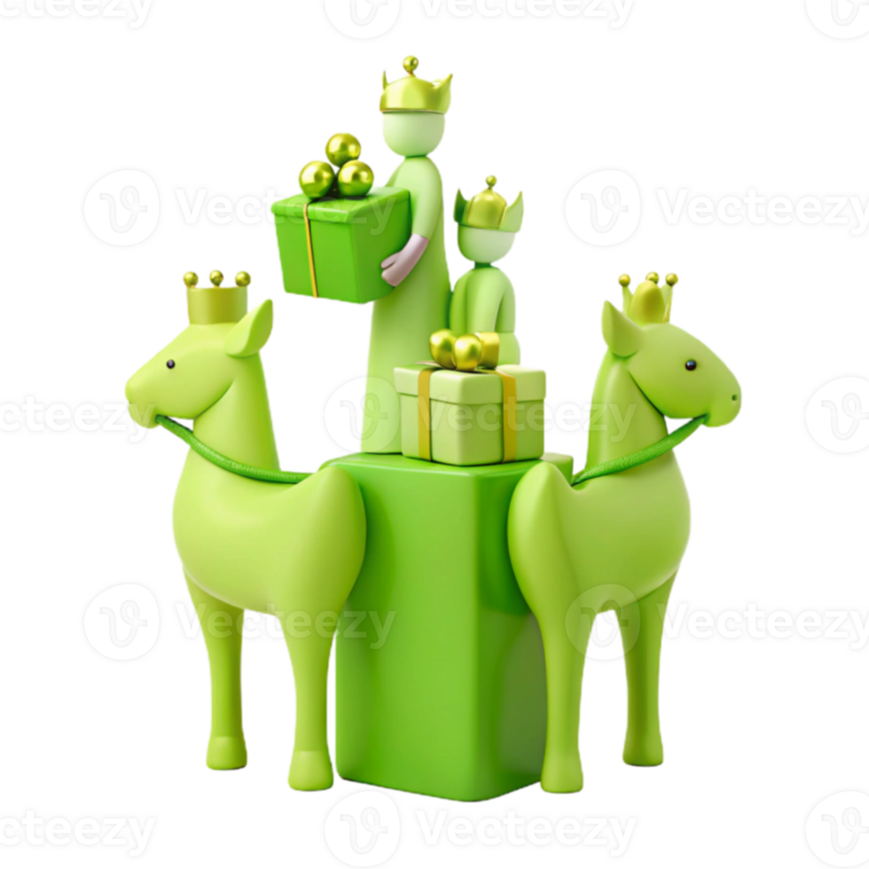 Green 3D Render of Kings Riding on Horses with Presents png
