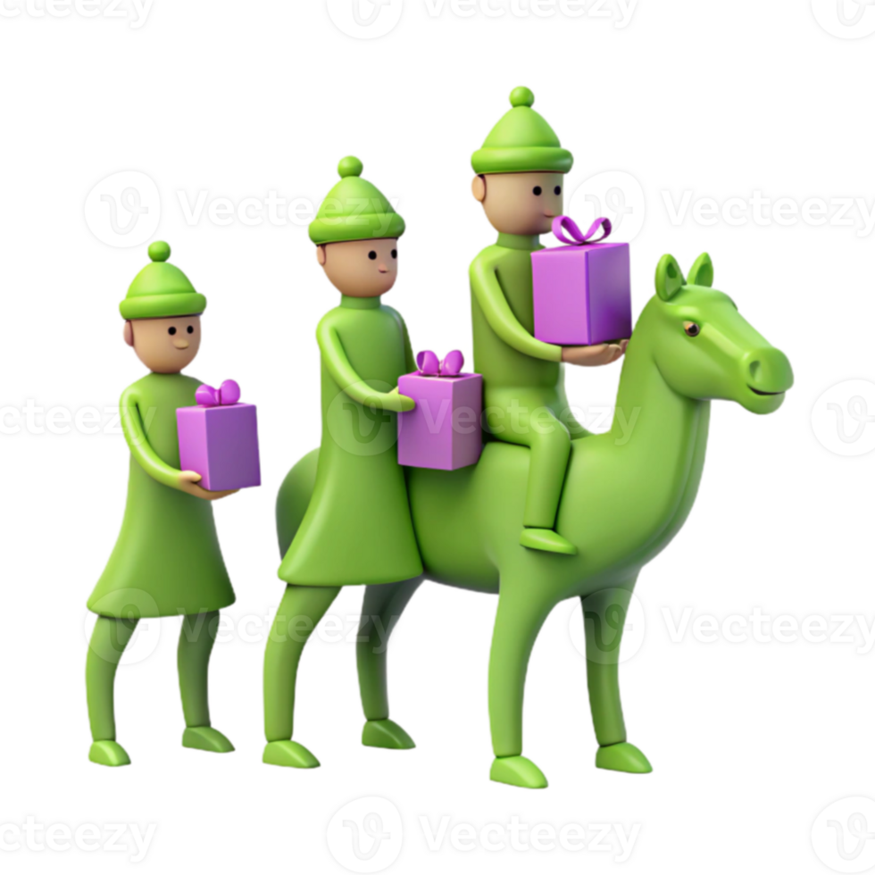 Three Cartoon Characters with Gifts Riding a Horse png