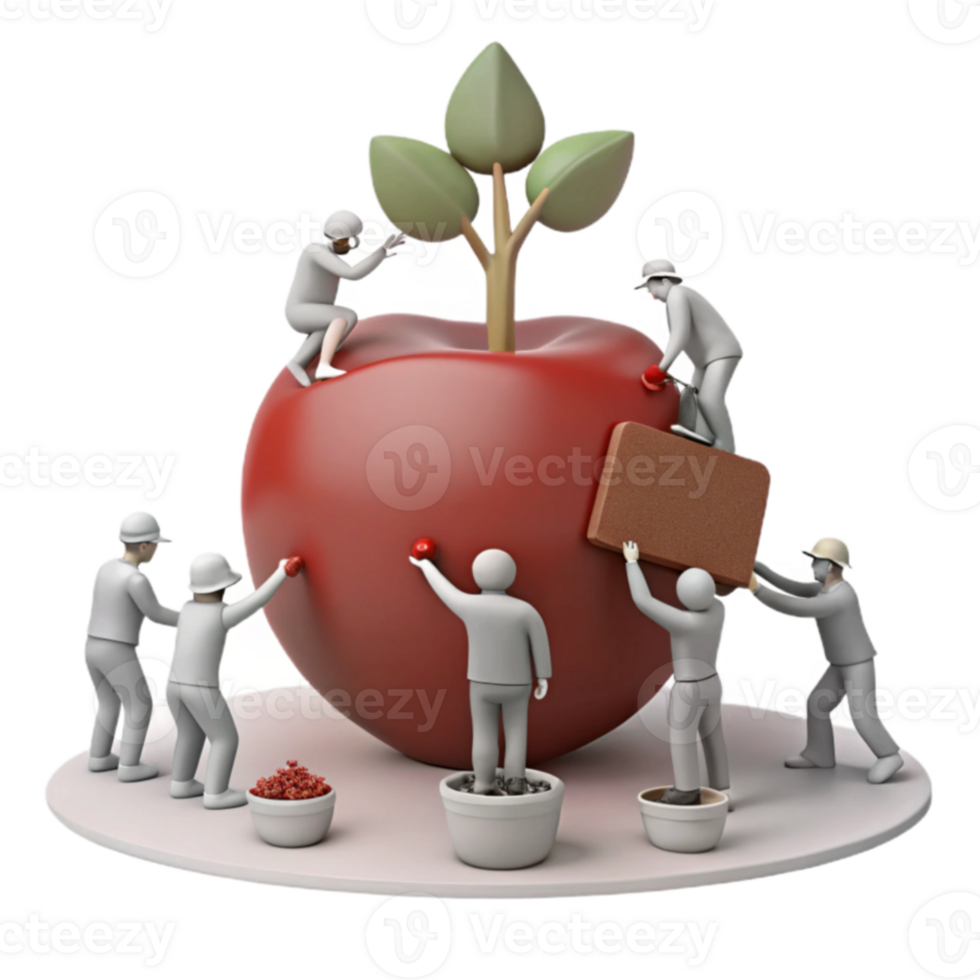 Teamwork and Collaboration Tiny Figures Working Together to Build a Large Red Apple png