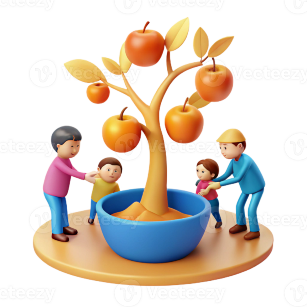 Family of Four Admire a Fruit Tree png