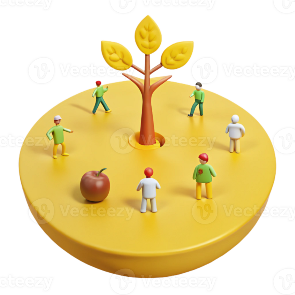 Miniature People Surrounding a Small Tree and an Apple png