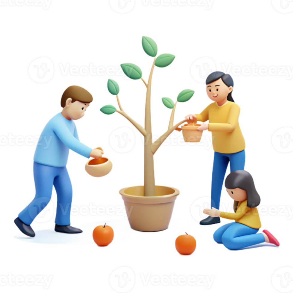 Family Planting a Tree Together, 3D Illustration png