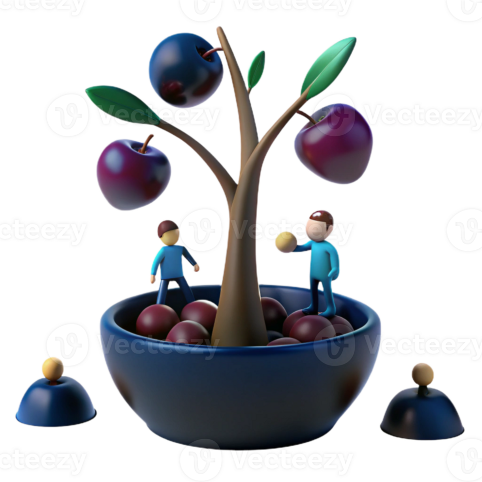 3D Render of a Small Tree with Blue Fruit and Tiny People png