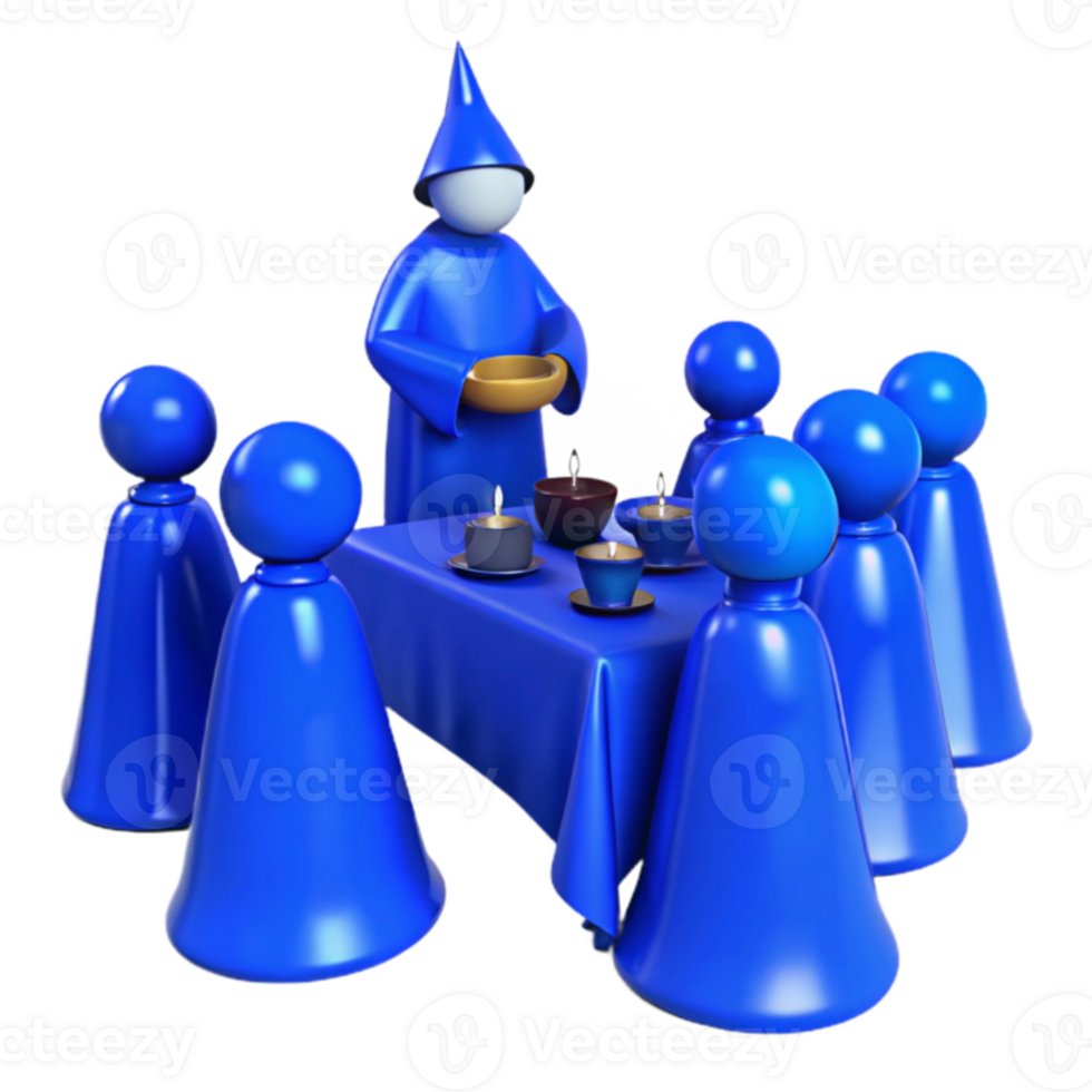 Blue Figurines Gathered Around a Table with Candles png