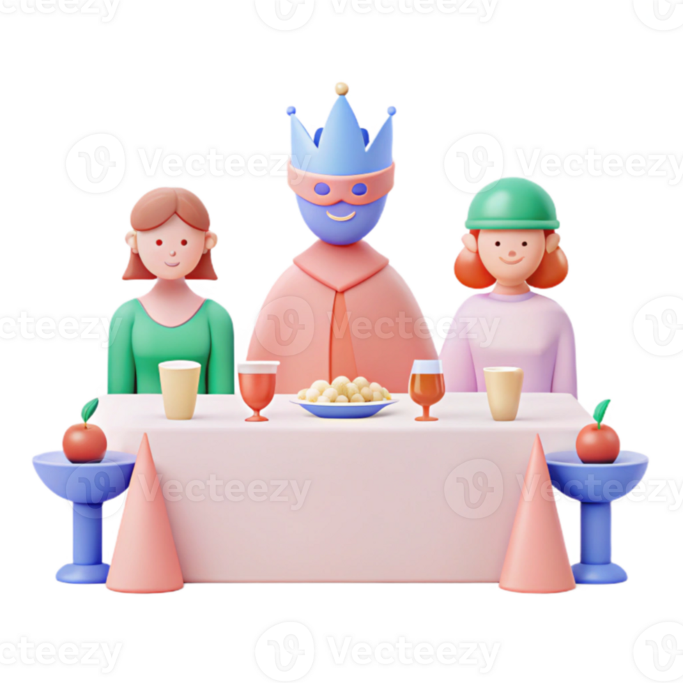 3D Illustration of a King, Queen, and Jester at a Table Setting png