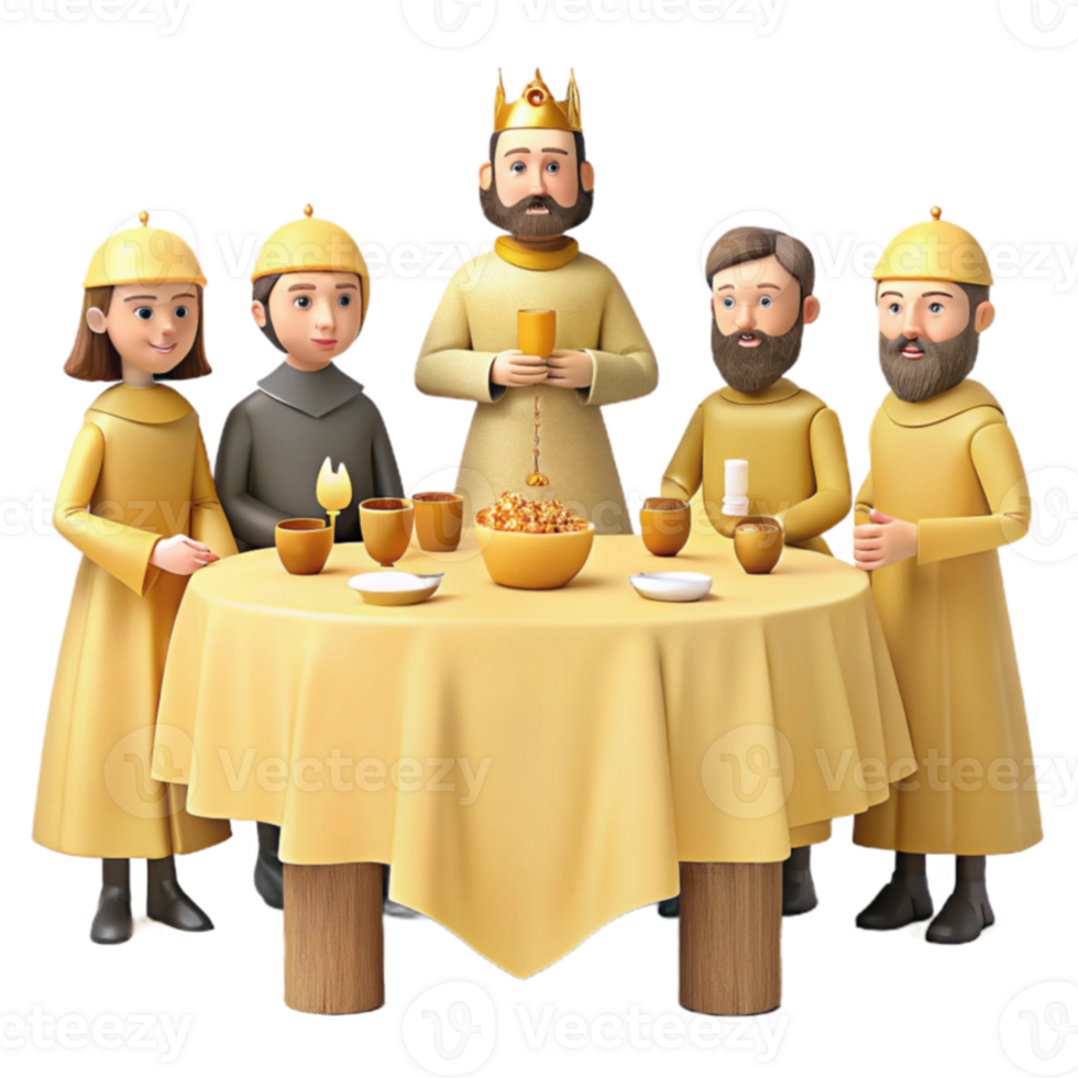 Five Figures in Yellow Robes at a Table png