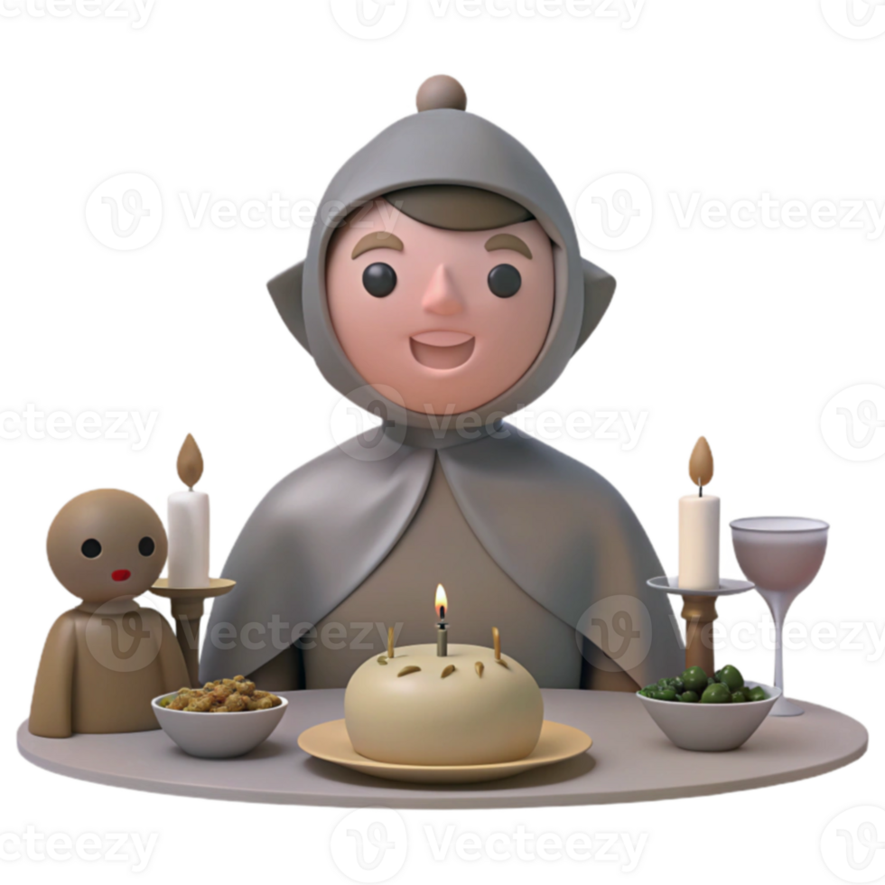 Smiling 3D Character Celebrates with Birthday Cake and Candles png
