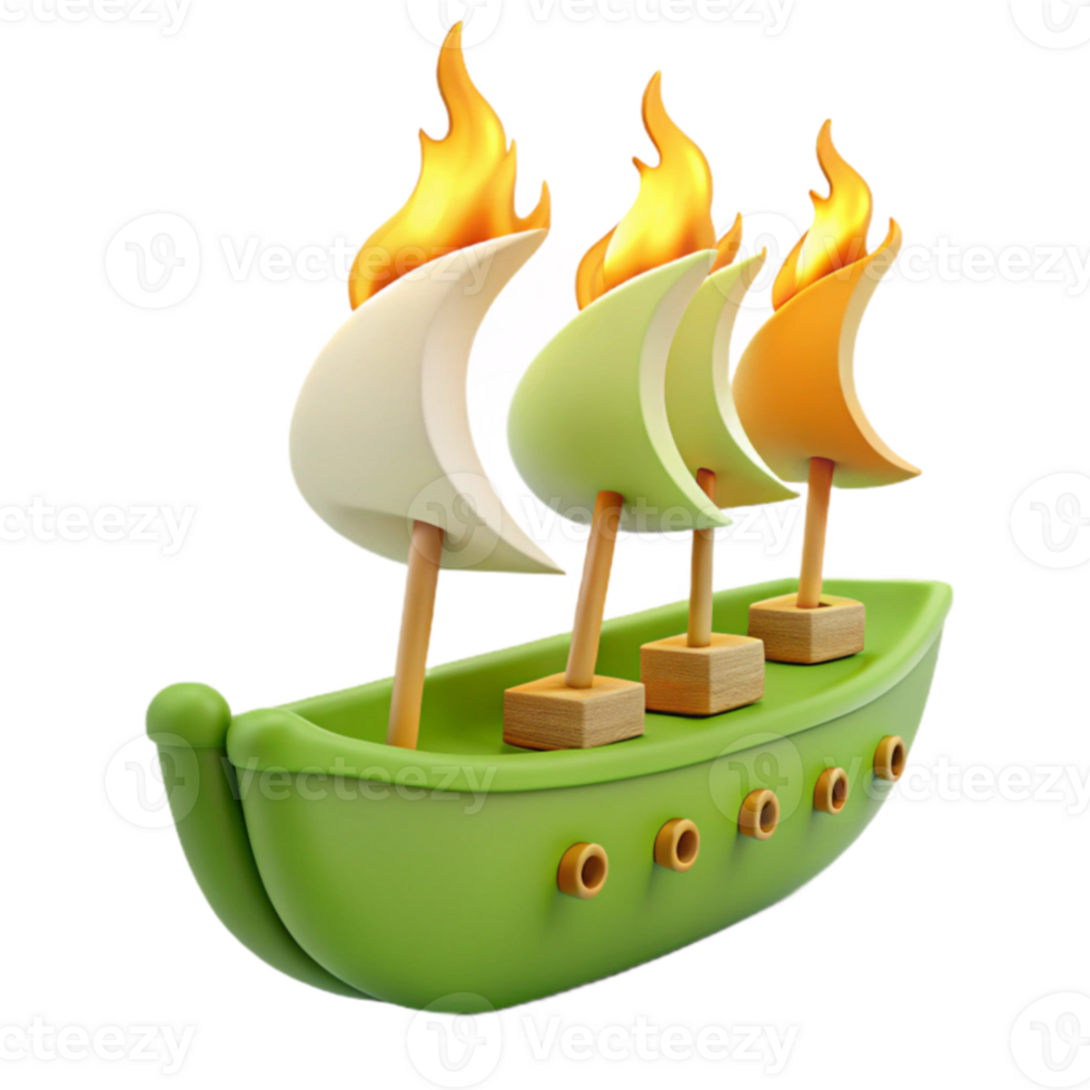 3D Green Boat with Colorful Sails and Flames png