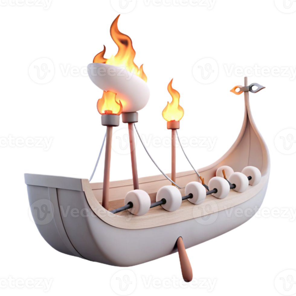 3D Render of a Wooden Boat with Flaming Torches png