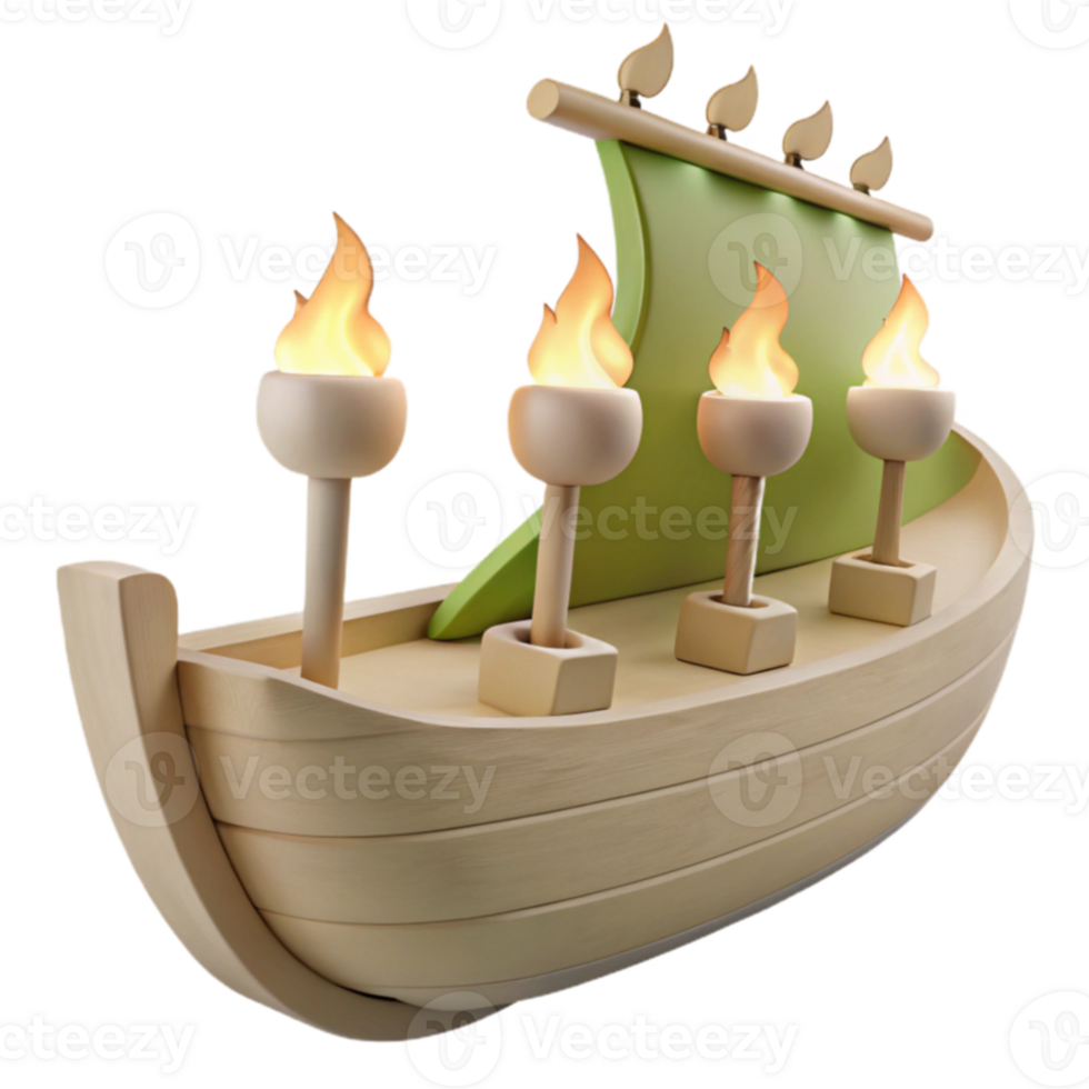 Wooden Boat with Sail and Torches png