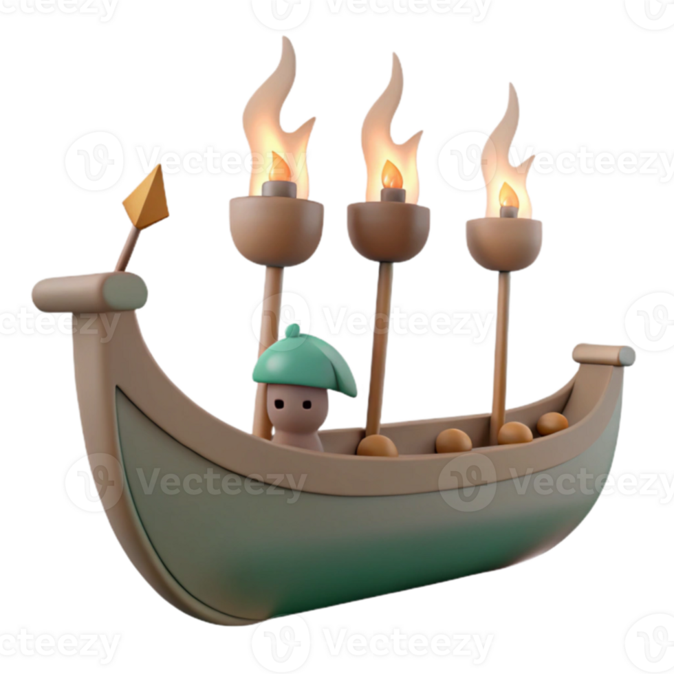 3D Cartoon Boat with a Small Figure and Torches png