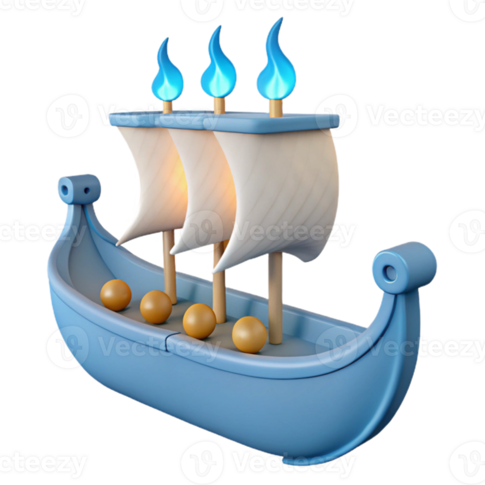 3D Render of a Blue Boat with White Sails and Flames png