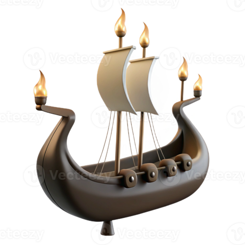 3D Render of a Wooden Viking Ship with Flames png