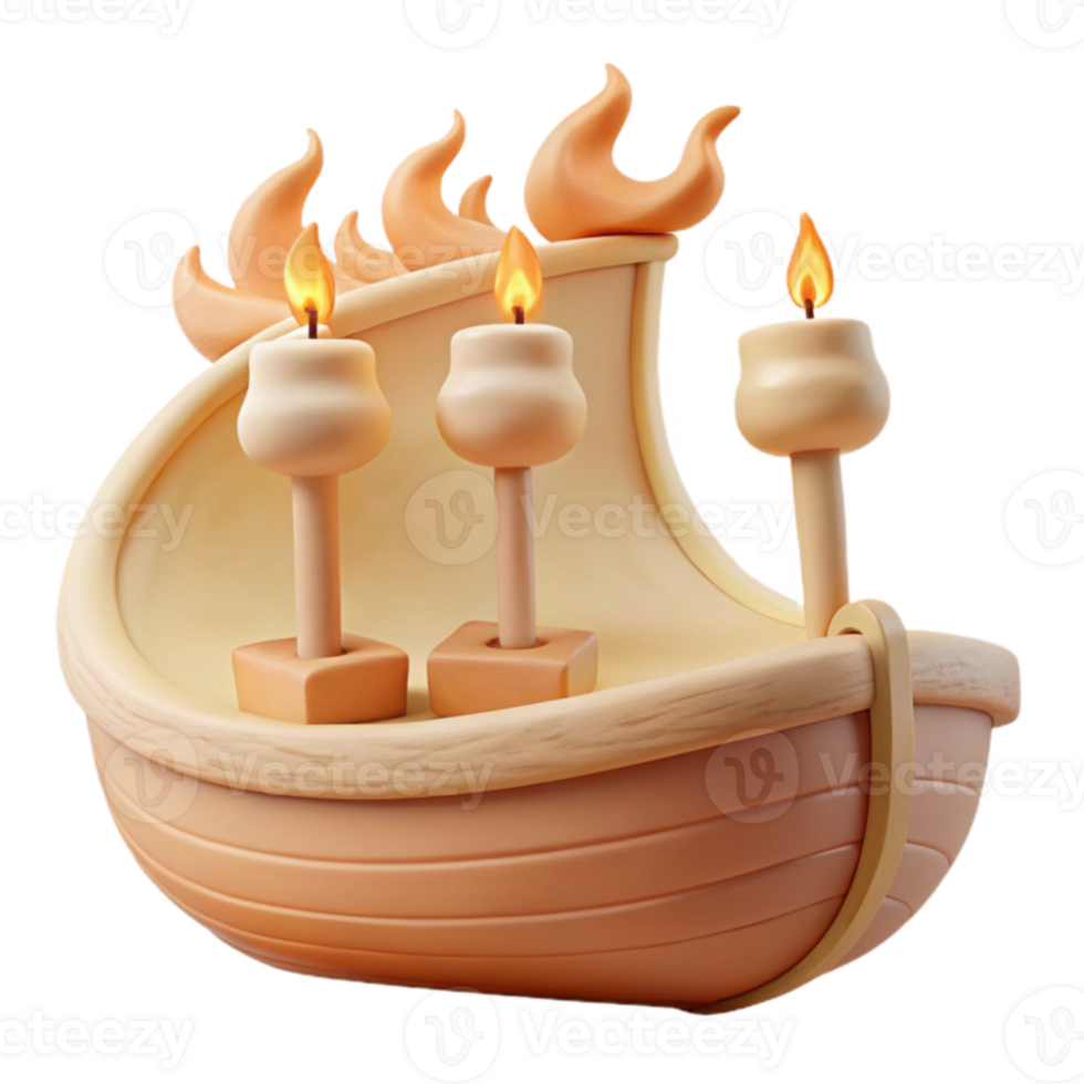 3D Render of Wooden Boat with Candles and Flames png