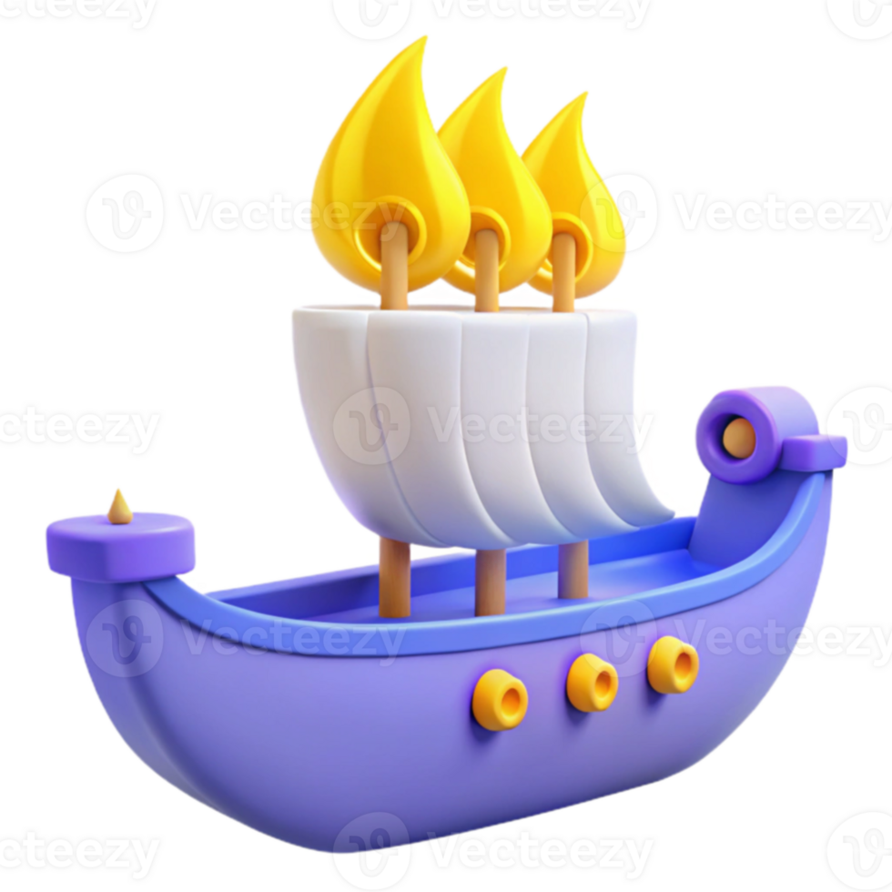 Purple Cartoon Boat with Yellow Flames and White Sails png