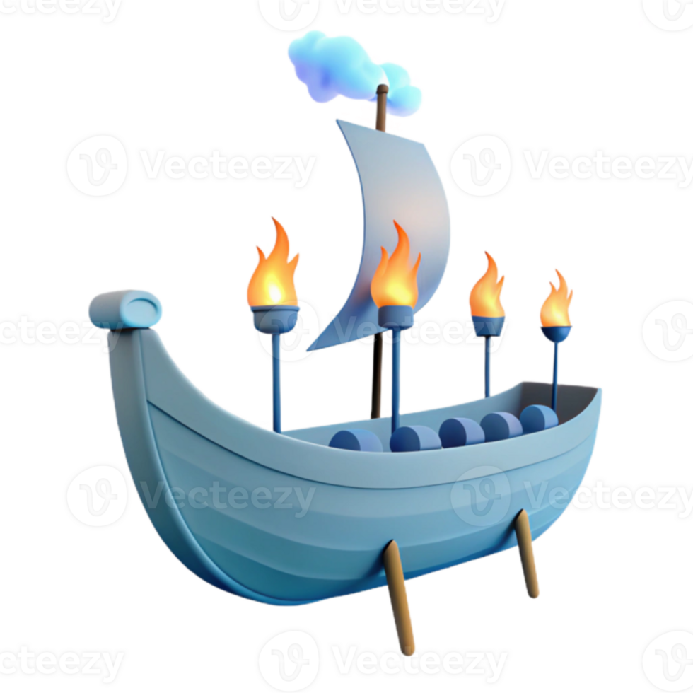 3D Render of a Blue Viking Ship with Flaming Torches png