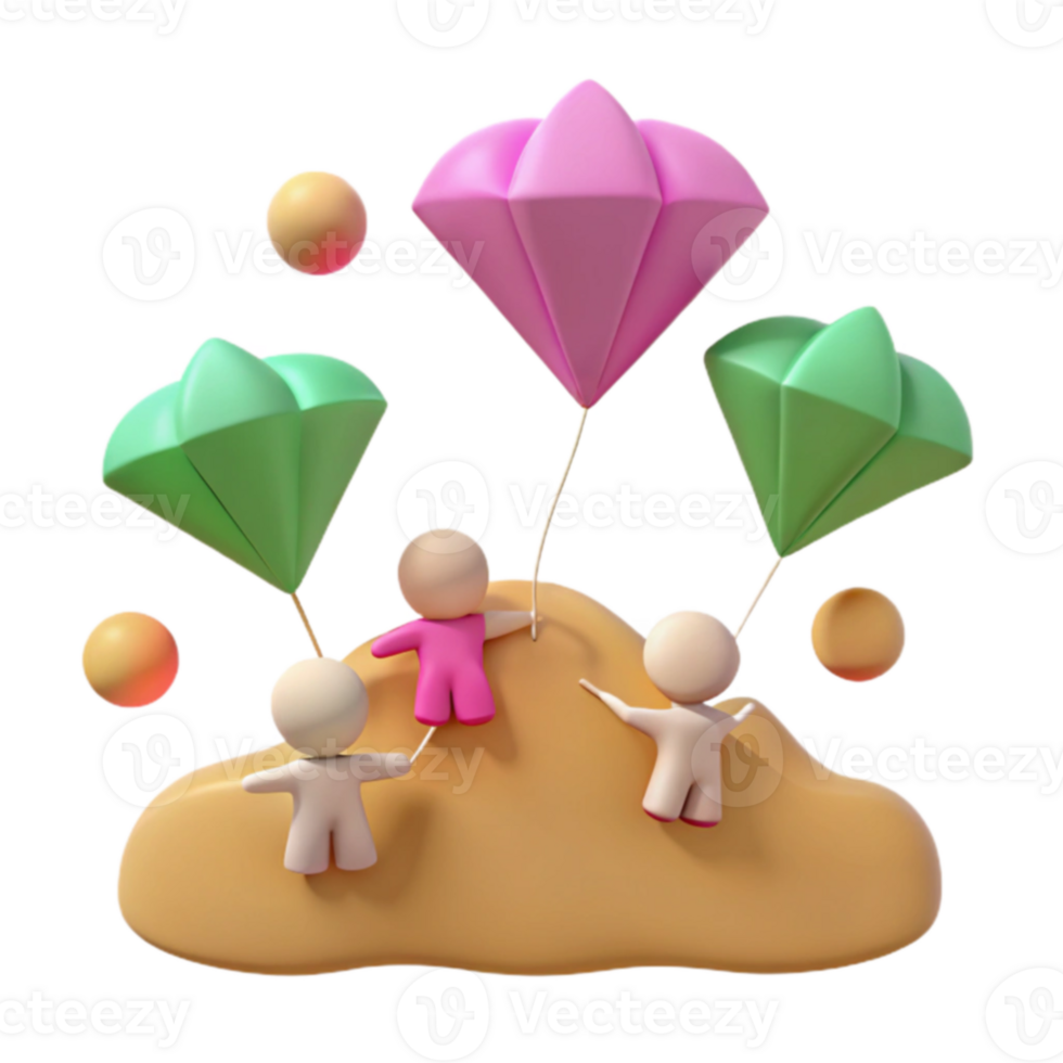 3D Rendered Illustration of Cute Cartoon Characters Holding onto Colorful Parachutes on a Cloud png