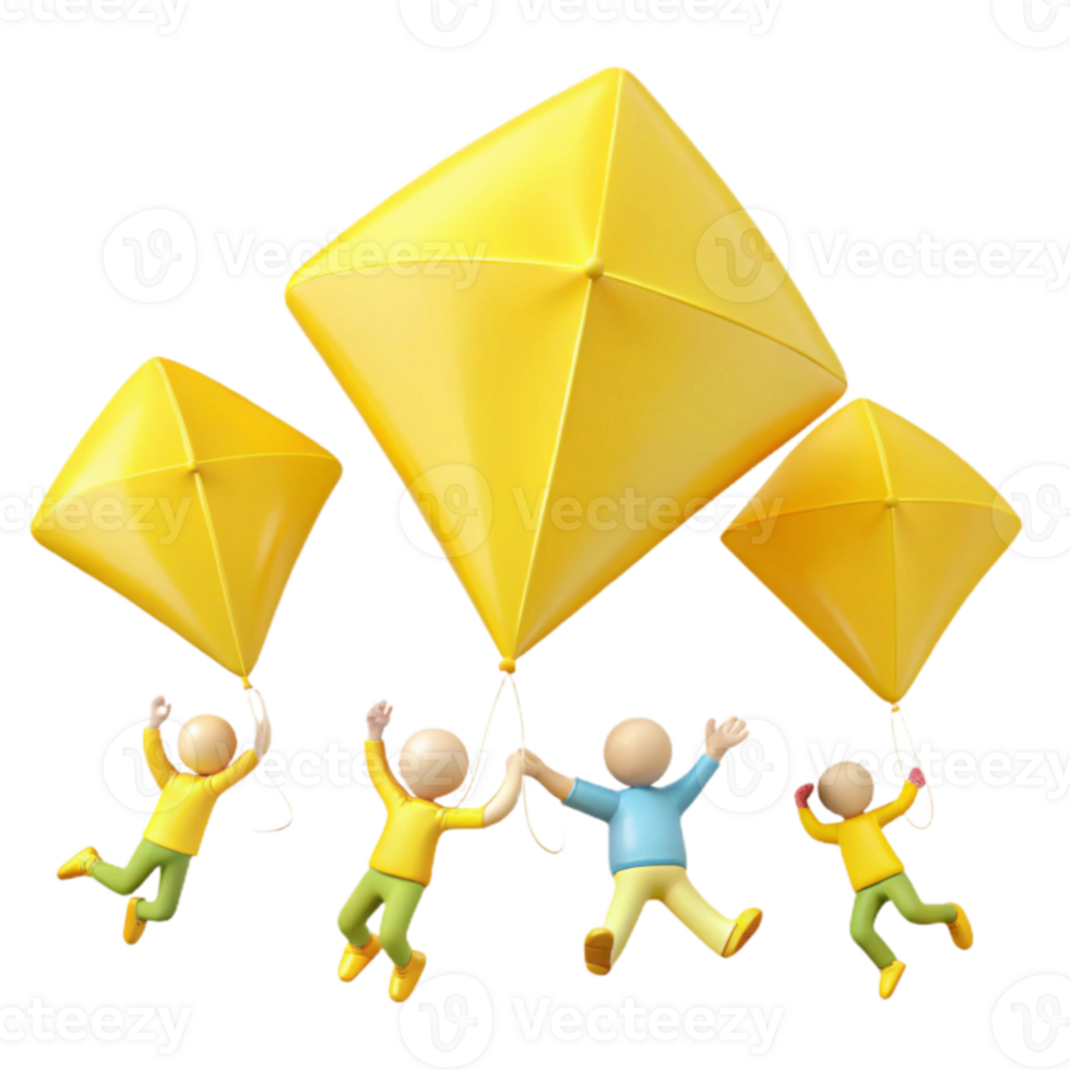 Group of People Flying with Yellow Kites png