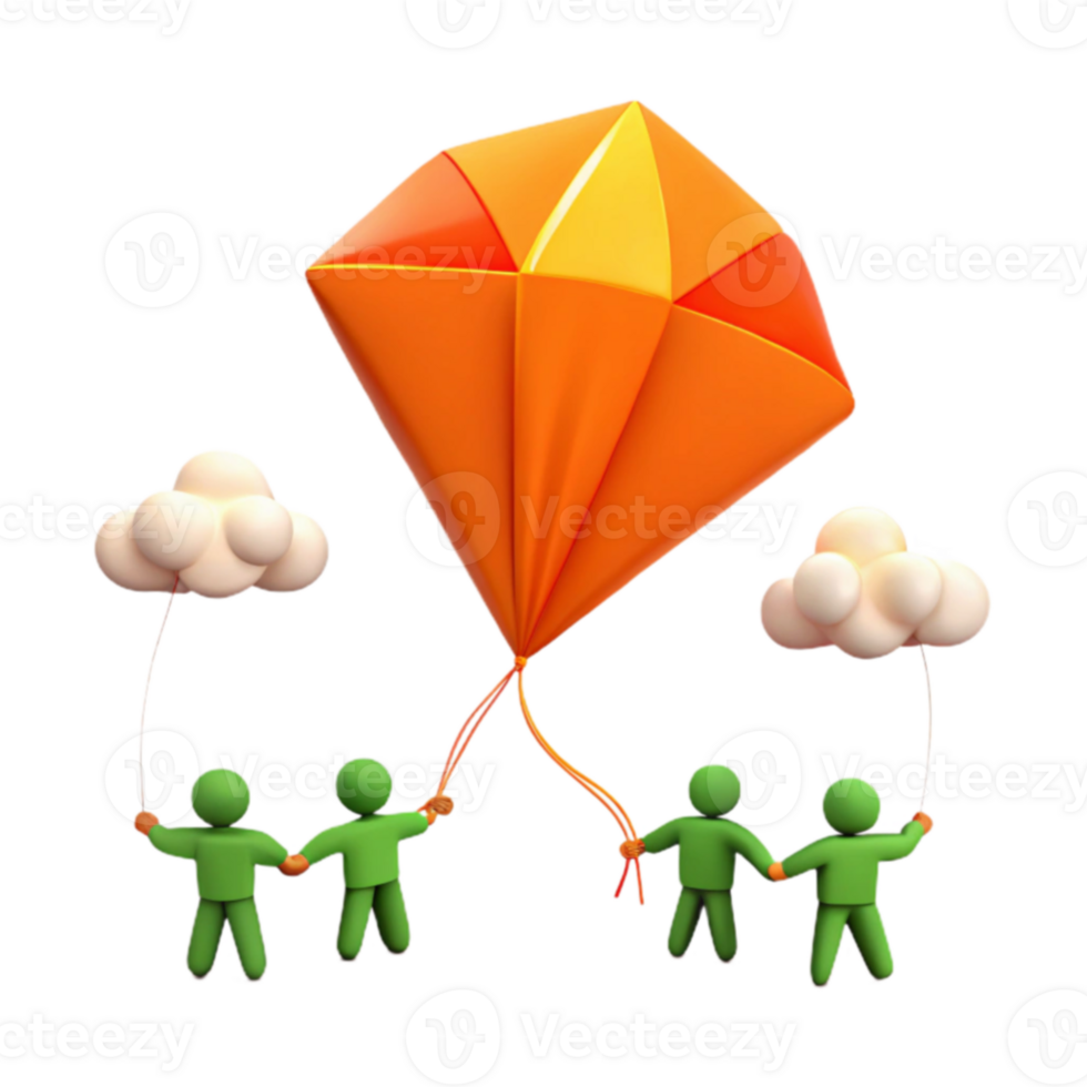Teamwork, Collaboration, and Shared Dreams Four Figures Holding Up a Large Orange Kite png