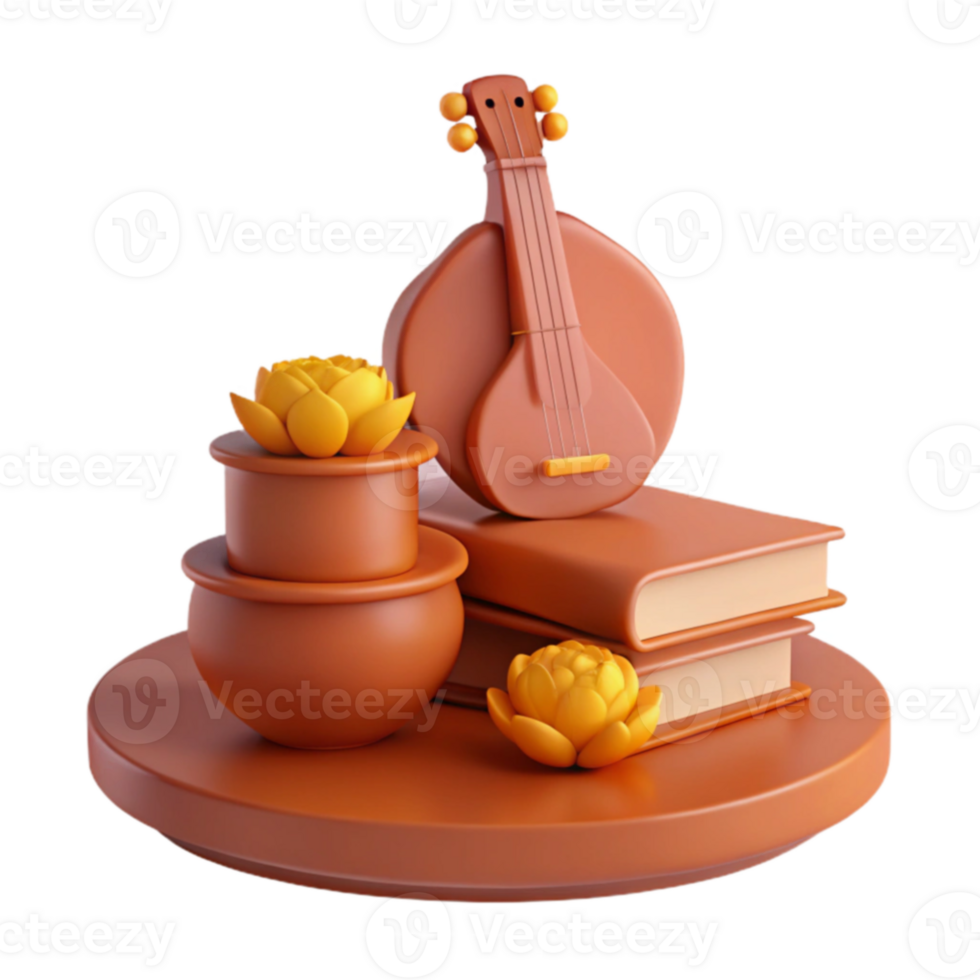 3D Render of a Traditional Indian Instrument with Flowers and Books png