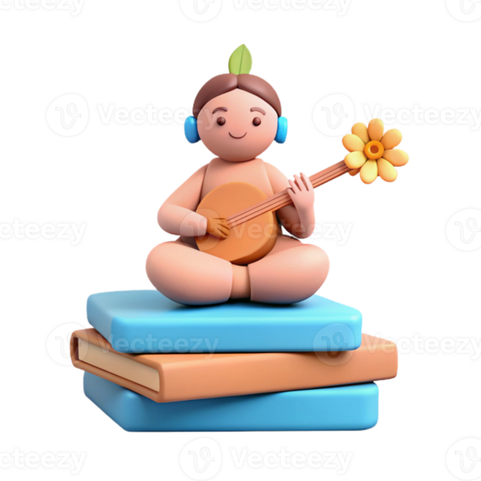 3D Character Playing a Musical Instrument on a Stack of Books png