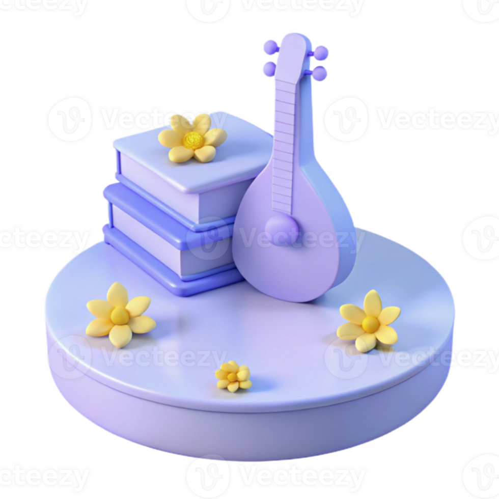 3D Render of a Stack of Books, a Musical Instrument, and Flowers on a Platform png