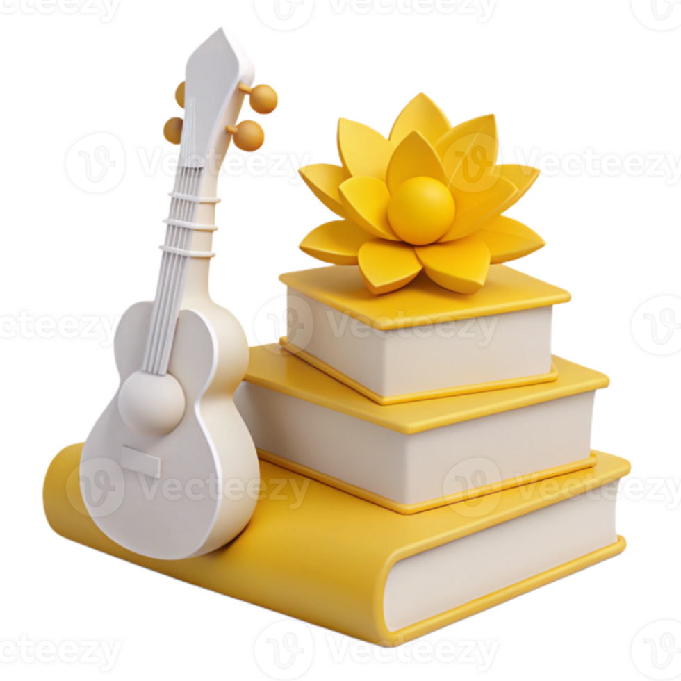 Yellow Flower and Guitar on Stack of Books png