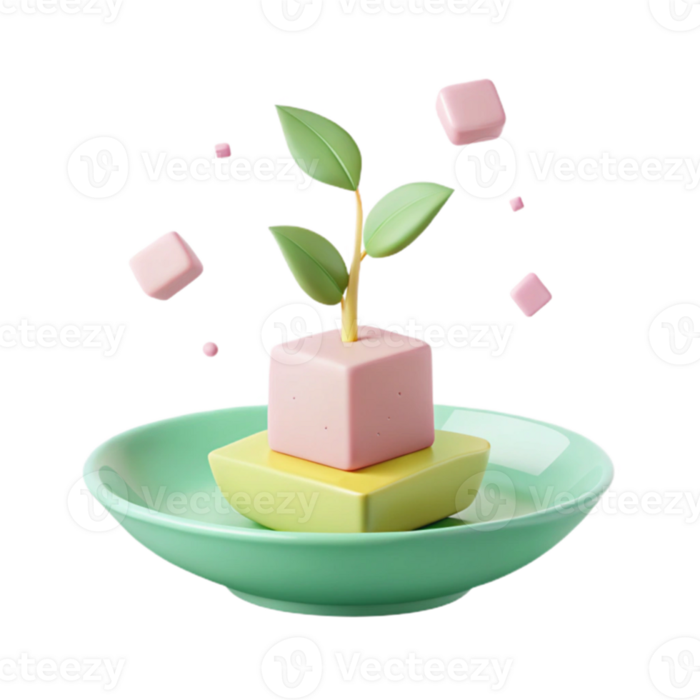 3D Render of a Plant Growing from a Stack of Cubes on a Plate png