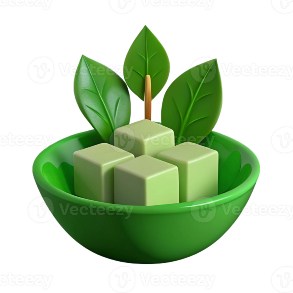 Green Cubes in Bowl with Leaves png