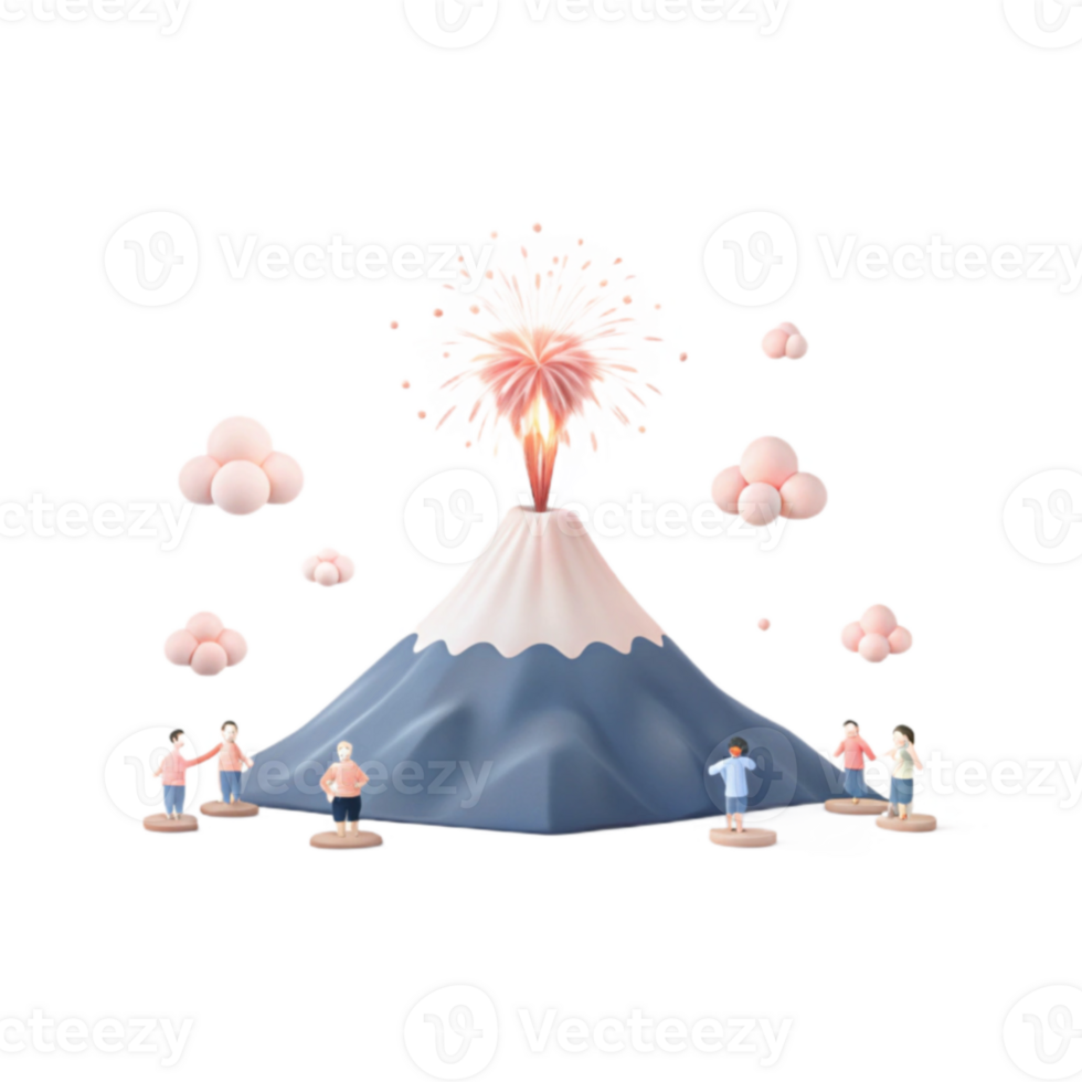 Cute 3D Illustration of a Volcano Erupting with Fireworks png