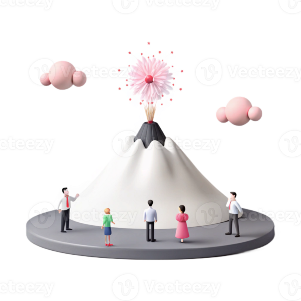3D Miniature Mountain Scene with Erupting Volcano and Tiny Figures png