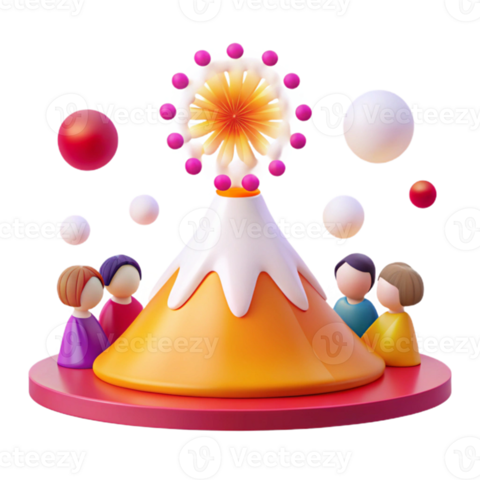 Colorful 3D Illustration of a Festive Volcano with a Ferris Wheel on Top and Surrounding Figures png
