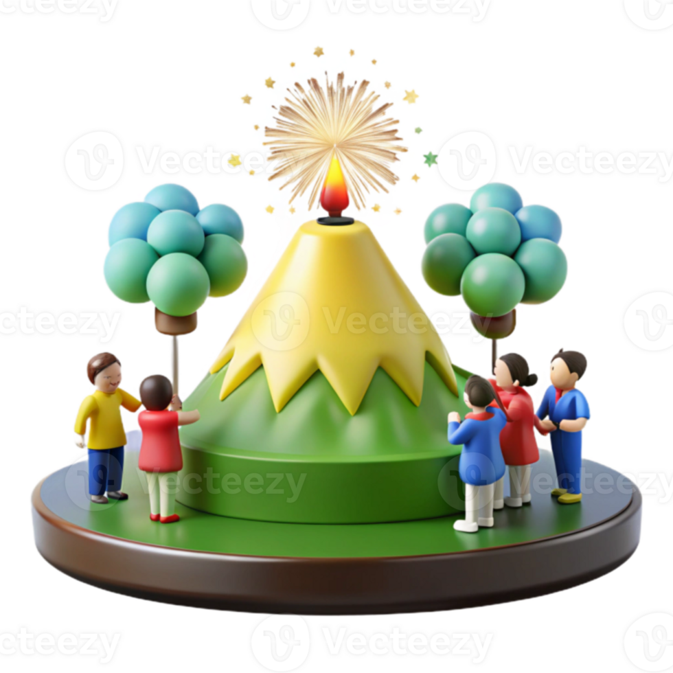 3D Illustration of People Watching Fireworks Over a Mountain png