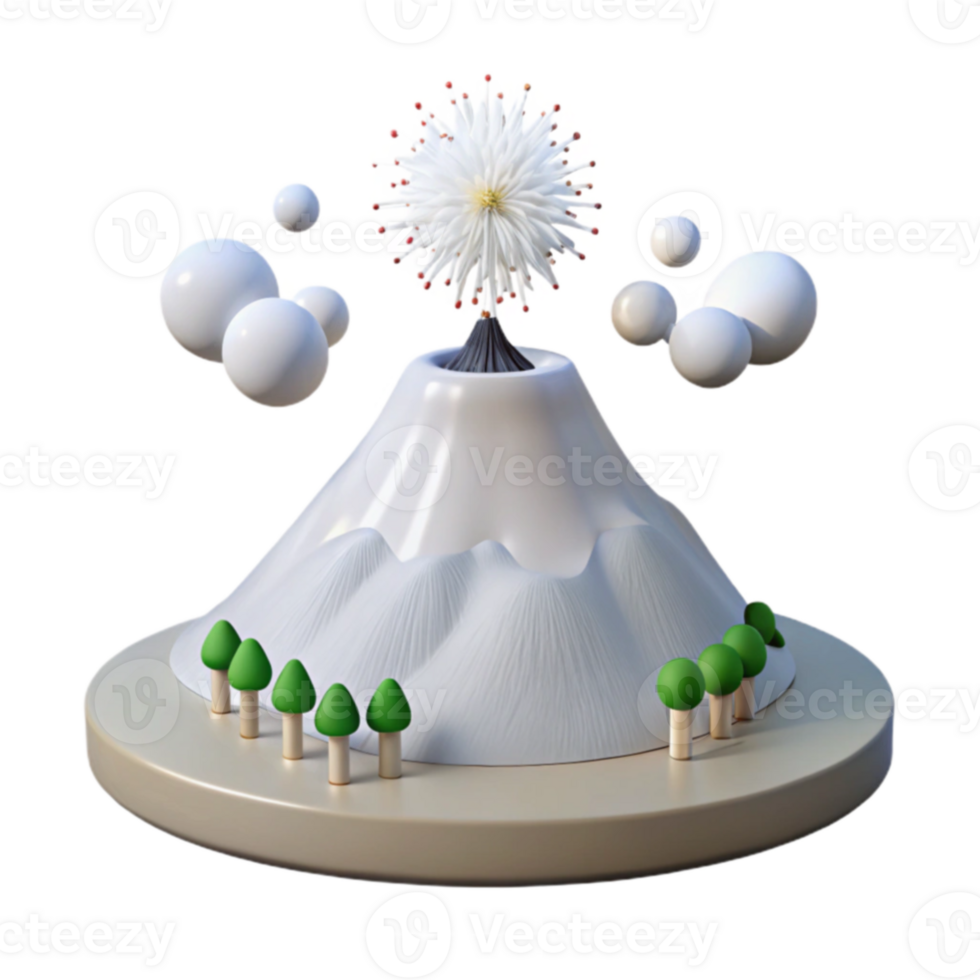 3D Mountain with Fireworks Eruption and Clouds png