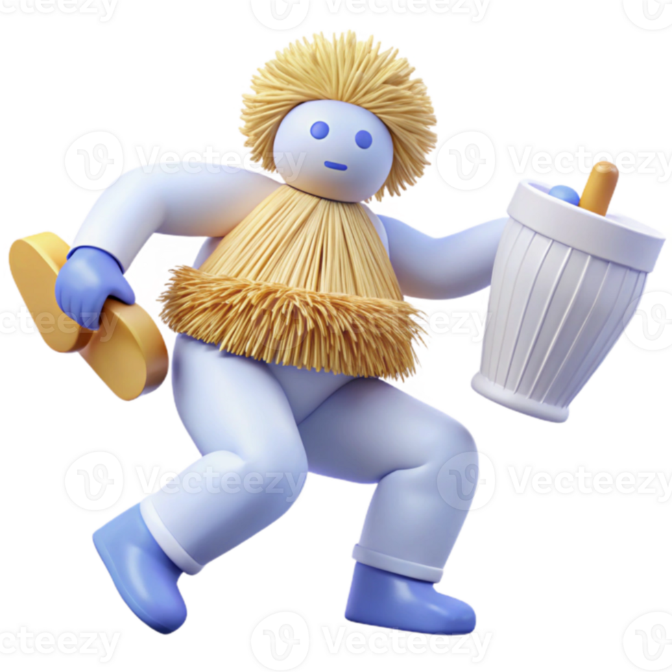 3D Character with Straw Hair Holding a Bucket png
