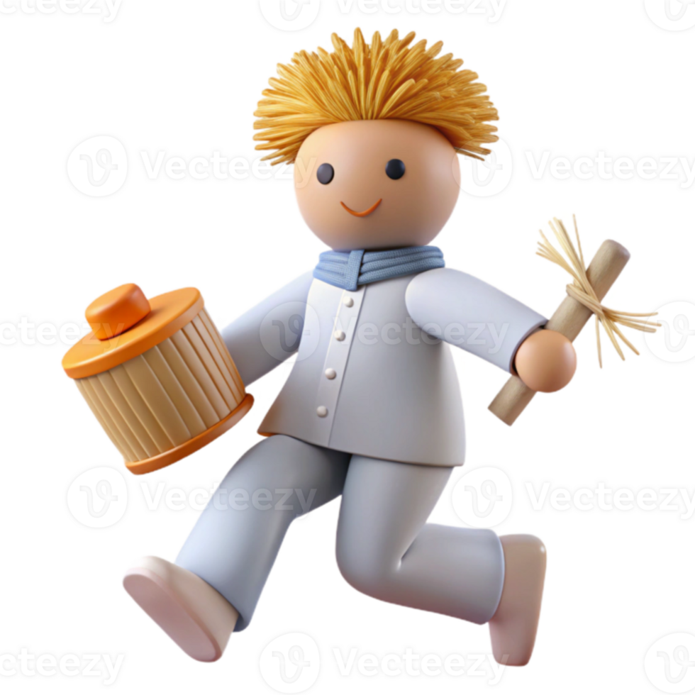 Smiling Toy Figure Holding a Broom and Bucket png