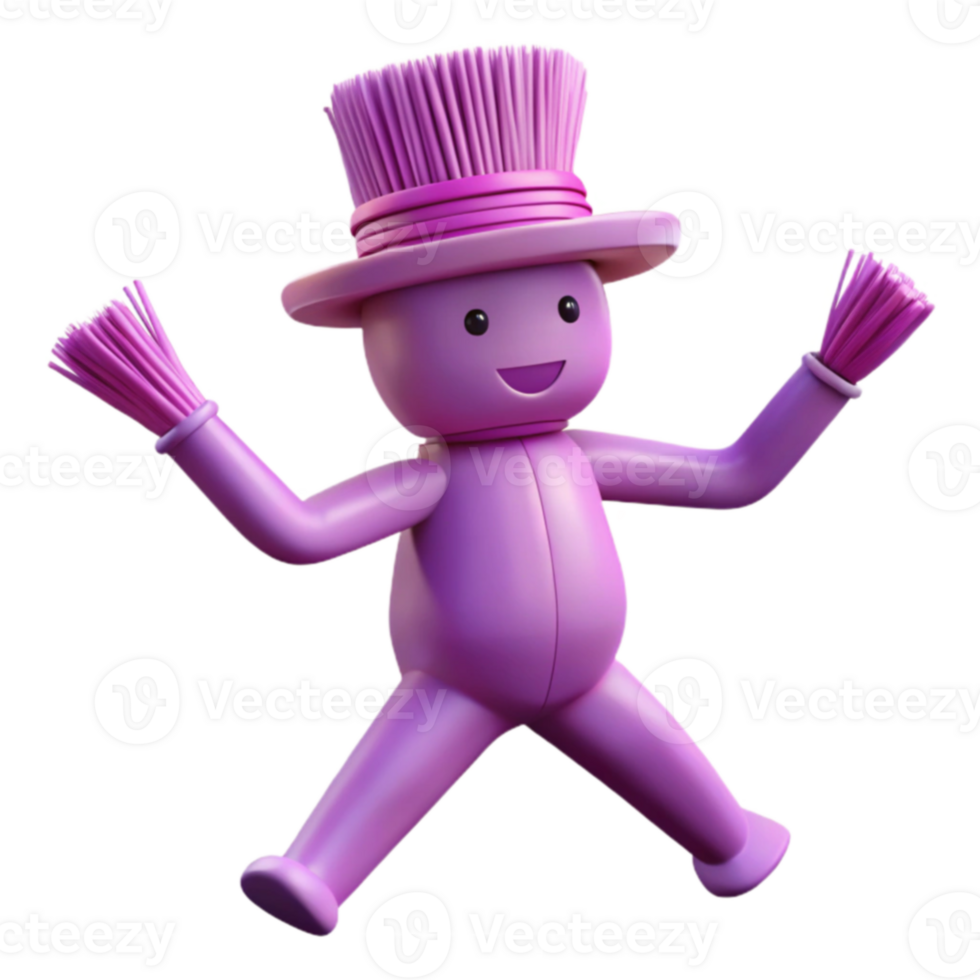 Purple 3D Character with a Top Hat and Brush-Like Arms png