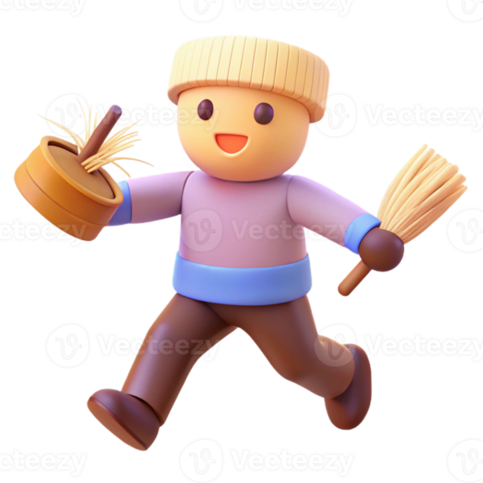 3D Character Running with a Broom and a Basket png
