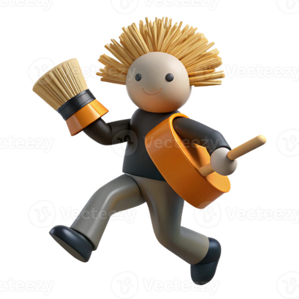 Happy 3D Character Holding a Cleaning Brush and a Drum Stick png