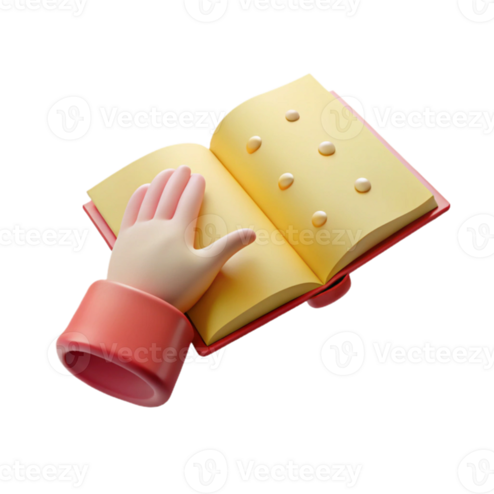 3D Cartoon Hand Reaching for Open Book with Yellow Pages png