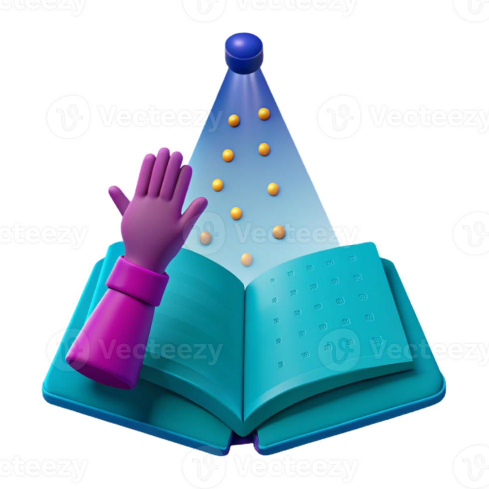 3D Illustration of an Open Book with a Hand Reaching Up and a Spotlight Shining Down png