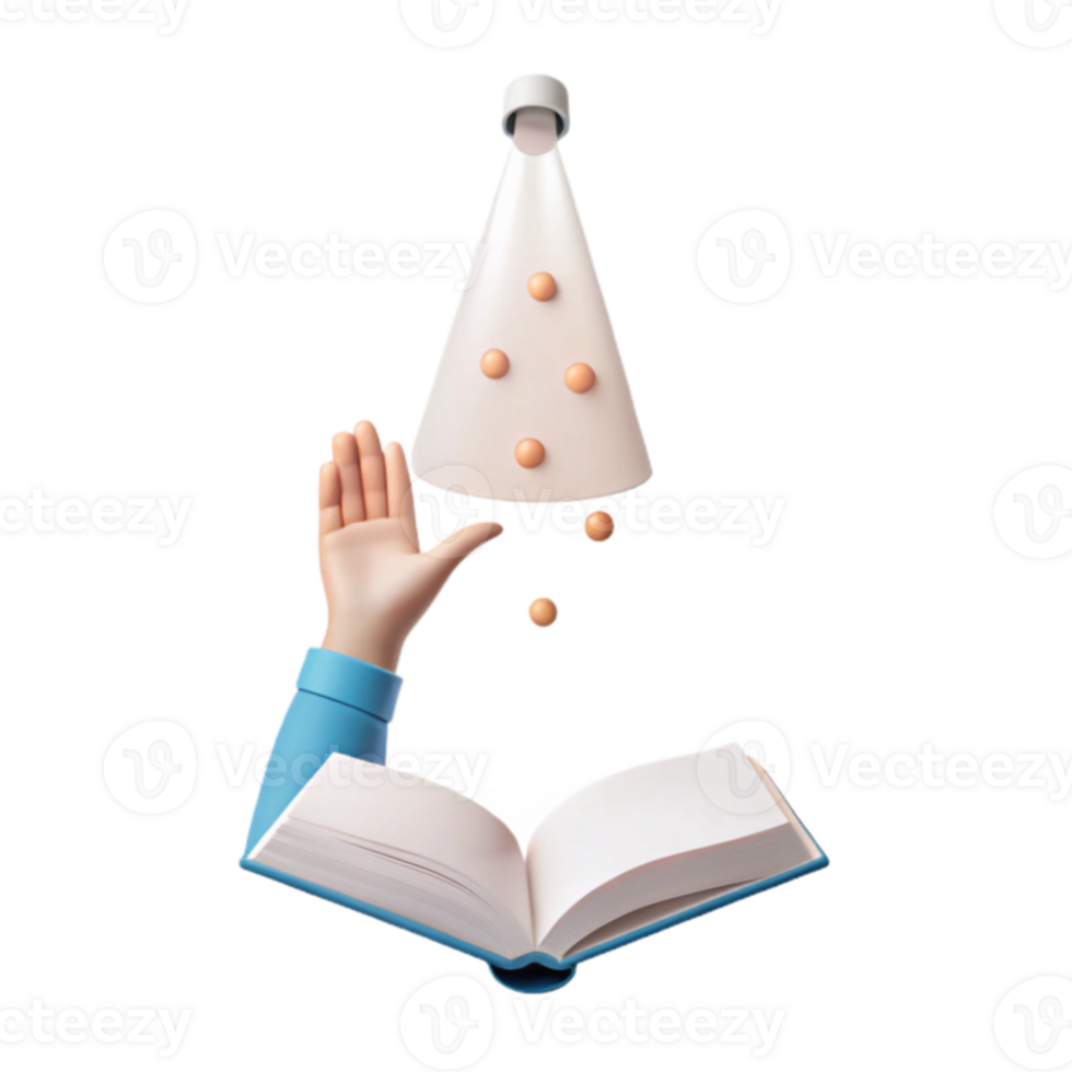 3D Illustration of a Hand Reaching Up to Catch Falling Objects from a Cone Shape, Above an Open Book png