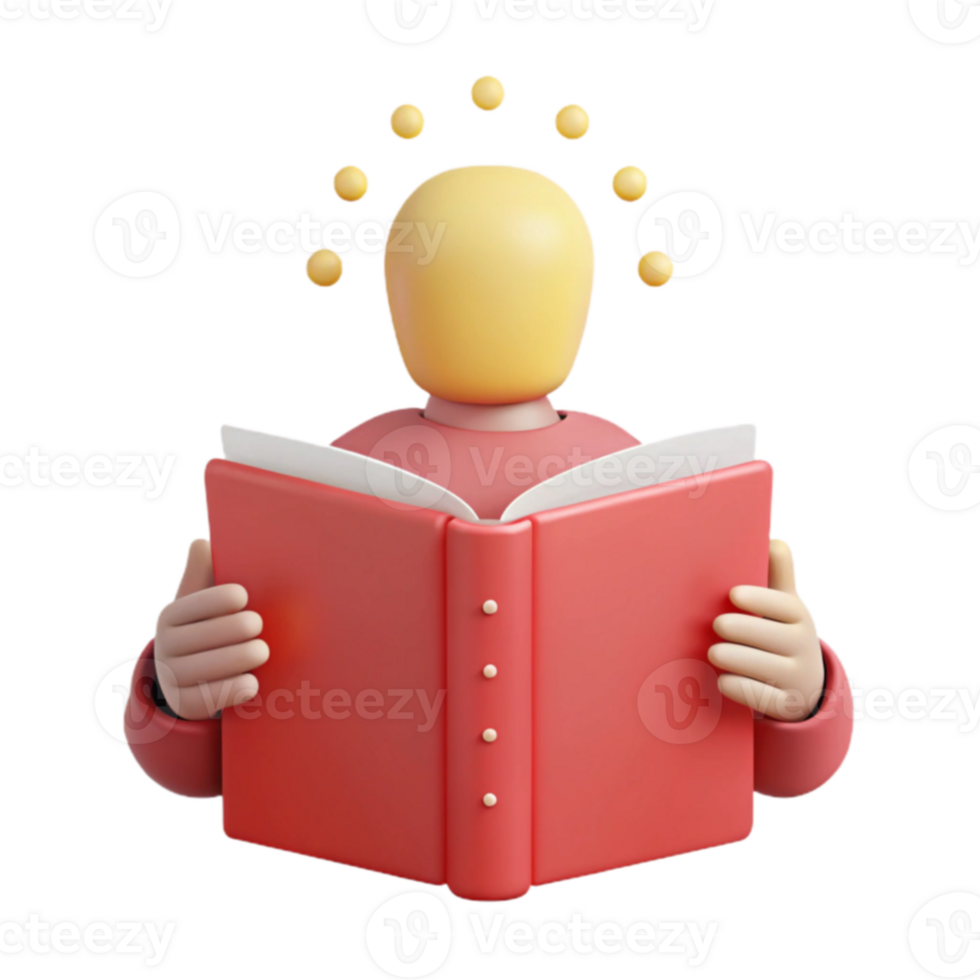 3D Illustration of a Person Reading a Book with a Light Bulb Above Their Head png