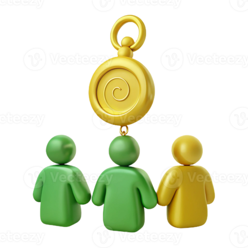 3D Rendering of a Gold Circle with a Spiral Inside, Hanging Above Three People png
